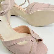Mary art. 166 Nicole Rimini scarpa donna tessuto microglitter rosa antico fascia farfalla punta aperta semi-arrotondata tacco rocchetto 9 cm plateau 1cm suola gomma memory gel artigianale italiana
