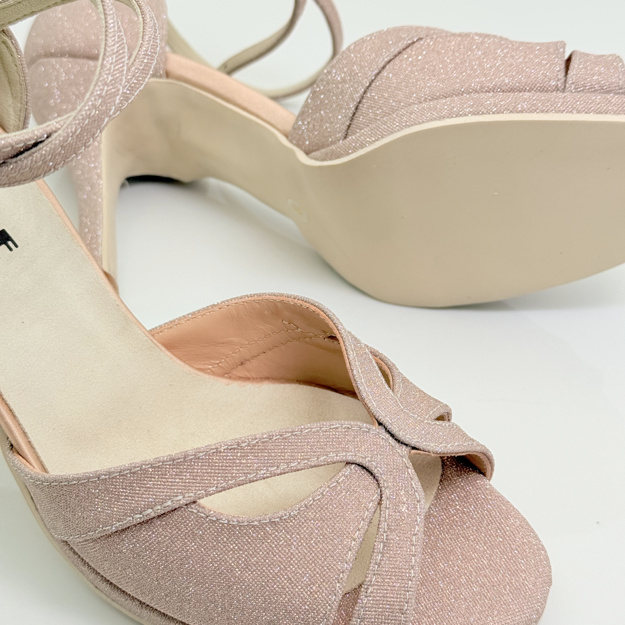 Mary art. 166 Nicole Rimini scarpa donna tessuto microglitter rosa antico fascia farfalla punta aperta semi-arrotondata tacco rocchetto 9 cm plateau 1cm suola gomma memory gel artigianale italiana

