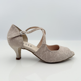 Alessia 126 - Scarpe Ballo Caraibici Camoscio Beige Fiori Tacco Rocchetto 5cm | Fantasia Floreale