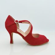 Alessia 126 scarpe da ballo caraibici in vera pelle scamosciata rossa tacco rocchetto 8cm vista laterale suola bufala collezione Nicole Rimini

