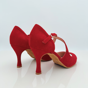Scarpe ballo caraibici Alessia 126 camoscio rosso cinturino incrociato collo del piede tacco rocchetto 8cm vista frontale salsa bachata Nicole Rimini

