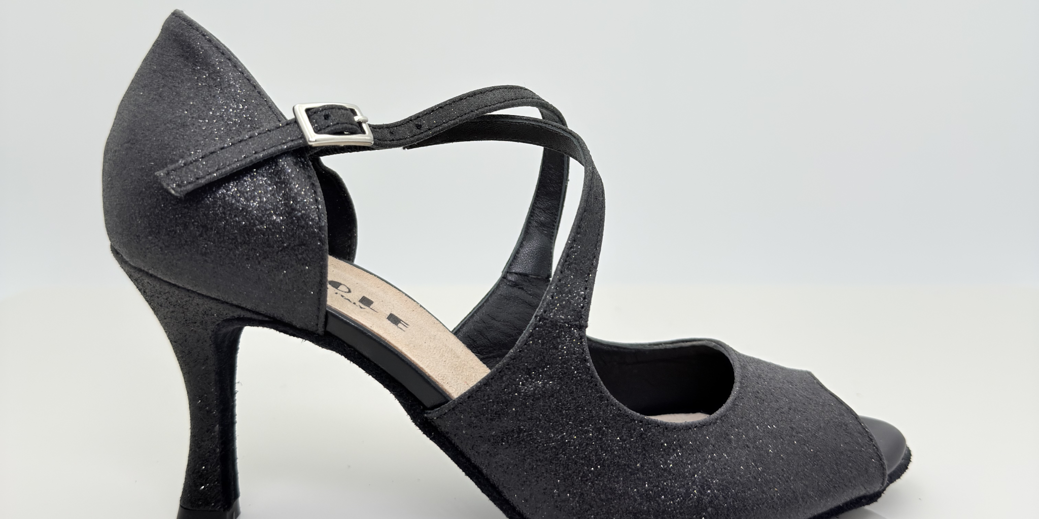 Nicole scarpe da ballo caraibici Alessia 126 tessuto glitter nero tacco rocchetto 8cm salsa bachata kizomba suola bufala made in Italy artigianale
