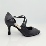 Alessia 126 - Scarpe da Ballo Caraibici Tessuto Glitter Nero Tacco Rocchetto 8cm | Avvolgenti Professionali