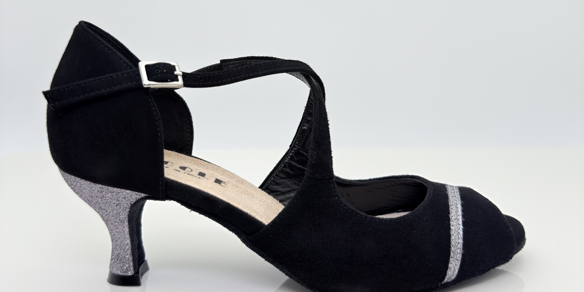 Nicole scarpe da ballo caraibici Alessia 126G vista principale camoscio nero glitter antracite tacco rocchetto 5cm plateau salsa bachata kizomba suola bufala made in Italy artigianale
