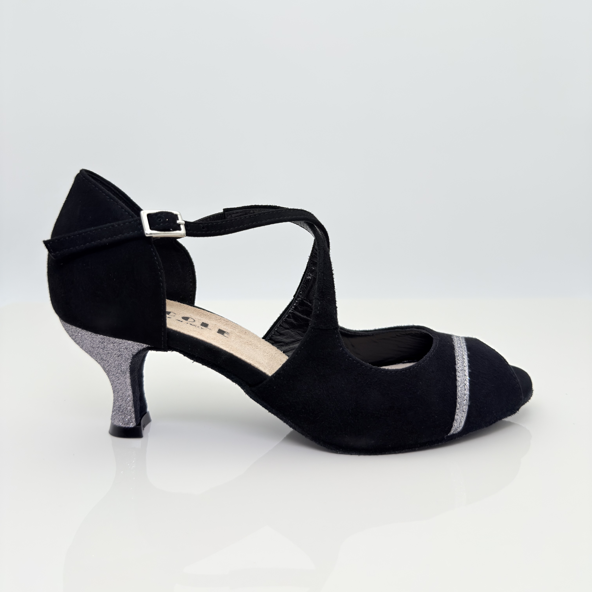 Nicole scarpe da ballo caraibici Alessia 126G vista principale camoscio nero glitter antracite tacco rocchetto 5cm plateau salsa bachata kizomba suola bufala made in Italy artigianale
