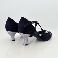 Nicole scarpe da ballo caraibici Alessia 126G vista laterale destra camoscio nero glitter antracite tacco rocchetto 5cm plateau cinturino incrociato collo piede made in Italy
