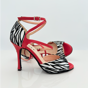 Amèlie art.144 Nicole Rimini tacco spillo stiletto 10HS vista posteriore scarpe kizomba tessuto zebrato glitter pelle rossa punta aperta semi-arrotondata F1P1 danze afro latine lusofone semba urban kiz professionale made in Italy


