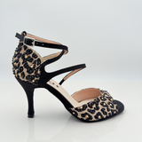 Amelie 144S - Tessuto Maculato Beige Marrone Raso e Strass Tacco Spillo 8cm | Listino Diagonale Centrale Avvolgente