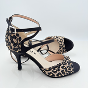 Amelie 144S - Tessuto Maculato Beige Marrone Raso e Strass Tacco Spillo 8cm | Listino Diagonale Centrale Avvolgente