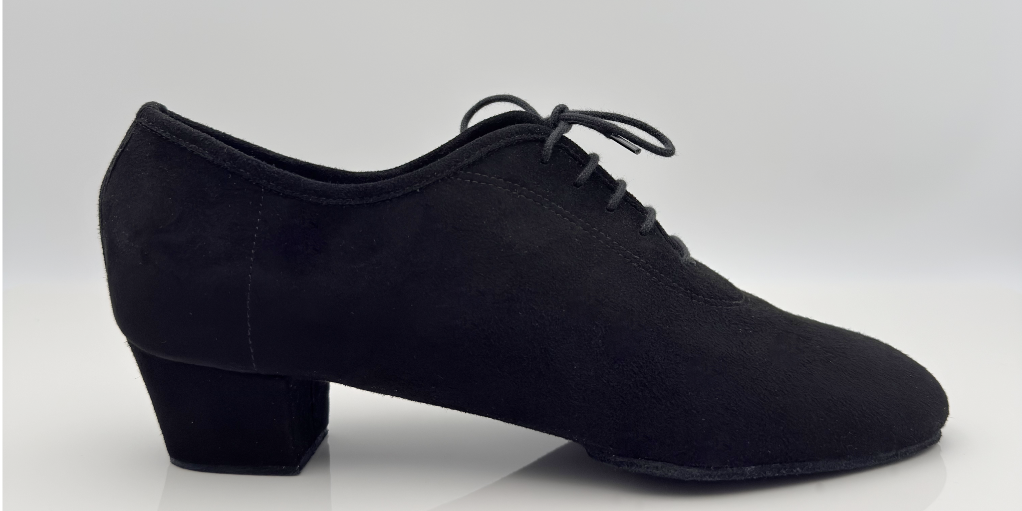 Andreas art. 301 scarpe da ballo latino americano uomo camoscio nero lacci cotone 2CAL tacco 4HL punta chiusa F5P2 vista frontale — Nicole Rimini Made in Italy scarpe competizione standard internazionale
