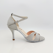 Asia art. 122 scarpa da ballo donna tessuto microglitter platino tacco spillo 8cm fascia a farfalla cinturino incrociato caviglia 2CAI vista frontale suola bufala balli caraibici salsa bachata Nicole Rimini

