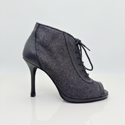 Audrey art. 240G scarpe heels dance tessuto glitter fine nero e vera pelle nera tacco spillo 10HS plateau 1cm suola bufala lacci cotone 2CAL punta spuntata F4P1 Nicole Rimini made in Italy vista frontale
