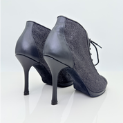 Scarpe heels dance Audrey 240G glitter nero pelle nera tacco spillo 10 cm plateau 1cm memory gel antishock lacci cotone regolabili tomaia avvolgente piede normale Nicole Rimini artigianale italiana vista laterale
