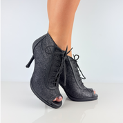 Scarpe heels dance Audrey art. 240G tessuto glitter fine nero e pelle nera soletta memory gel antishock antibatterico 4mm tacco spillo 10HS plateau comfort sessioni lunghe performance creative Nicole Rimini
