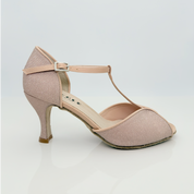 Beatrice art. 148 scarpa da ballo donna tessuto microglitter rosa antico e raso pesca tacco rocchetto 7cm vista frontale cinturino fascetta T punta spuntata suola bufala salsa bachata Nicole Rimini made in Italy

