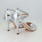 Blanca art. 176 Nicole Rimini vista posteriore tacco spillo 8HS pelle laminata argento tallone con aperture punta aperta semi-arrotondata F1P1 scarpa da ballo tango argentino milonga elegante made in Italy

