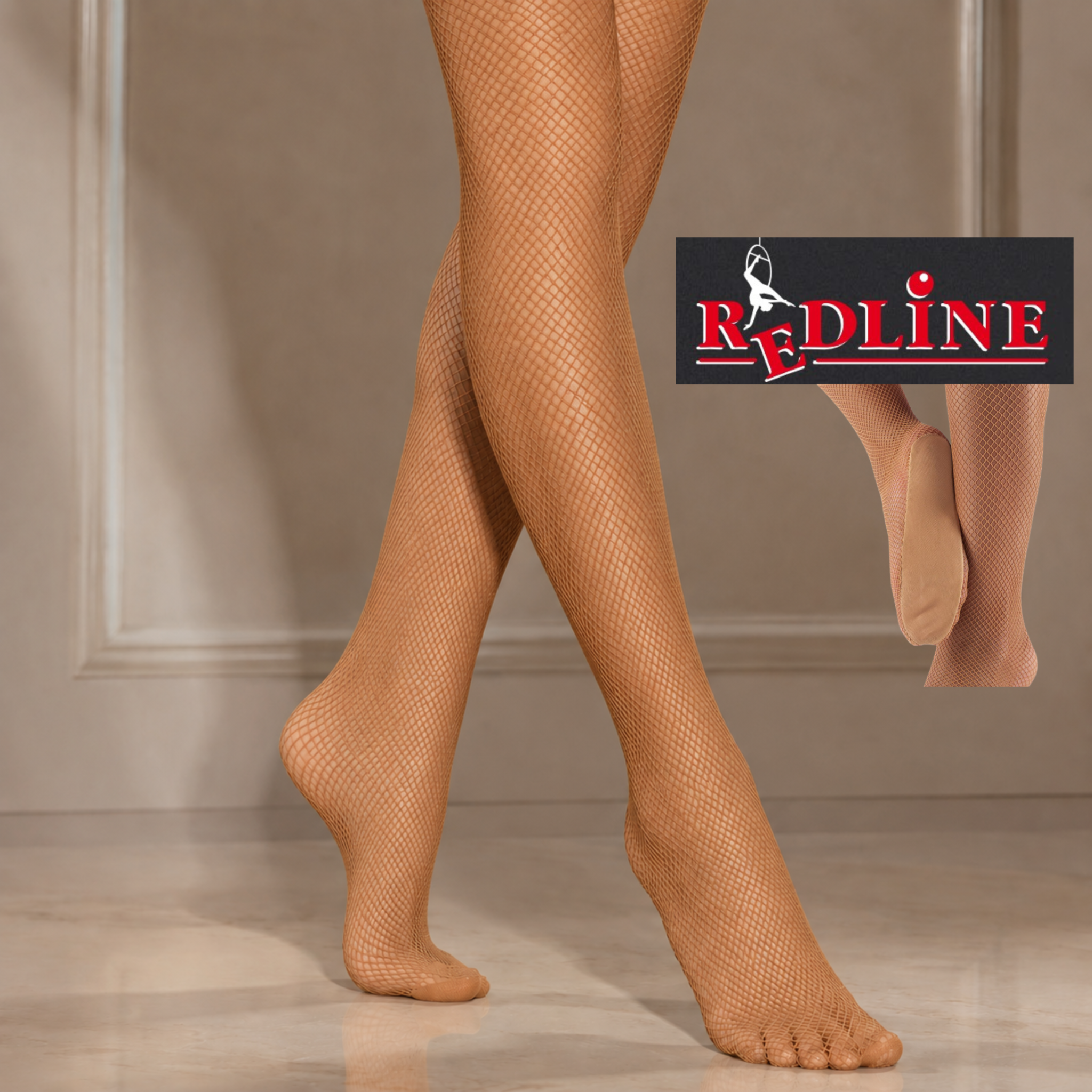 Calza a Rete Fishnet Professionale Suntan con Suoletta Sottopiede Red Line Nicole Rimini, calze da ballo elasticizzate resistenti color carne abbronzato per latino tango kizomba salsa bachata heels dance made in Italy accessori scarpe da ballo
