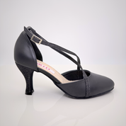 Camila art. 159 Nicole Rimini scarpa da ballo liscio folk romagnolo in pelle nera e tessuto glitter fine nero, cinturino incrociato collo piede Mod. 1CAI, tacco rocchetto 7HR, vista frontale, collezione Liscio & Folk Romagnolo Nicole Rimini
