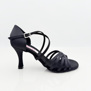Carmen art. 215 scarpe da ballo latino americano tessuto raso nero cinturino incrociato collo piede Mod. 1CAI tacco rocchetto 8HR punta aperta arrotondata F2P4 Nicole Rimini Made in Italy
