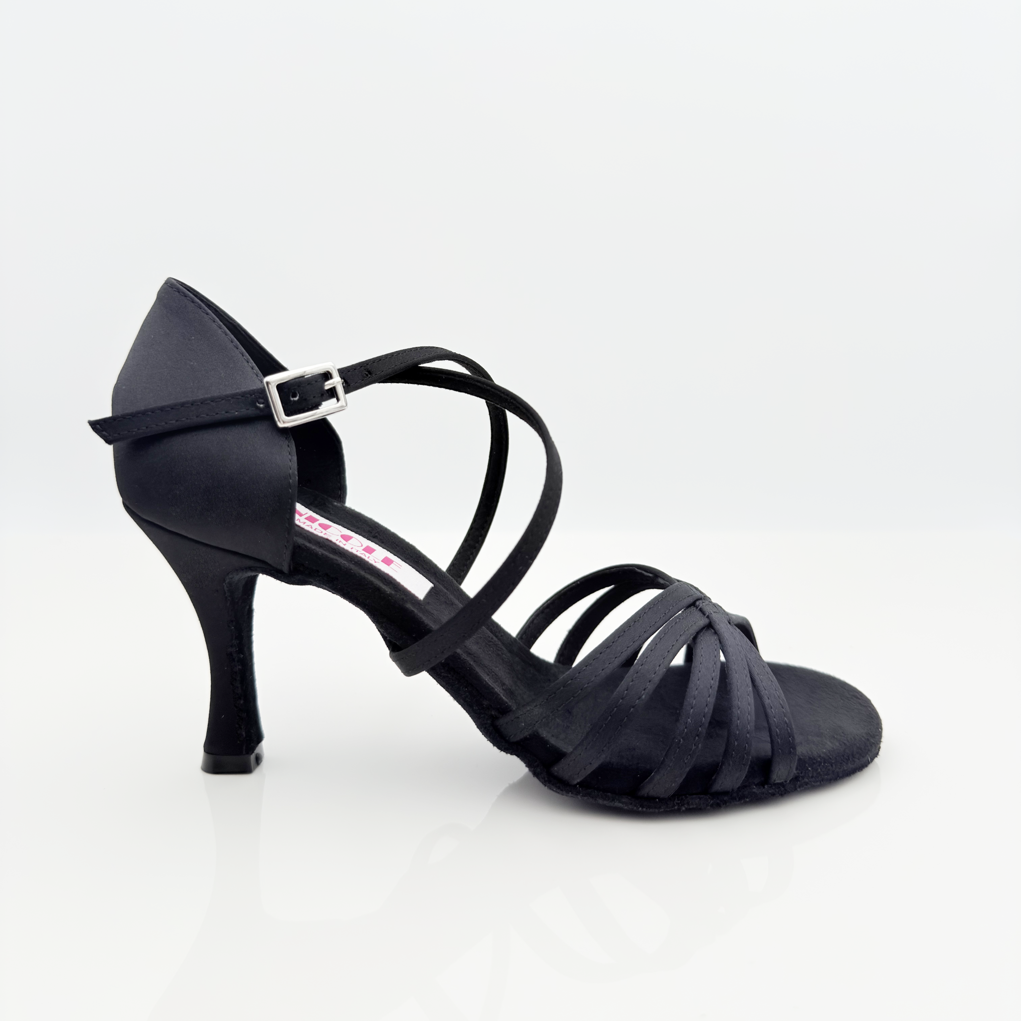 Carmen art. 215 scarpe da ballo latino americano tessuto raso nero cinturino incrociato collo piede Mod. 1CAI tacco rocchetto 8HR punta aperta arrotondata F2P4 Nicole Rimini Made in Italy
