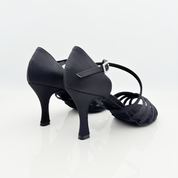Carmen art. 215 Nicole Rimini scarpe ballo latino americano tessuto raso nero doppia fascia F2P4 cinturino incrociato 1CAI tacco rocchetto 8 centimetri suola bufala spazzolata
