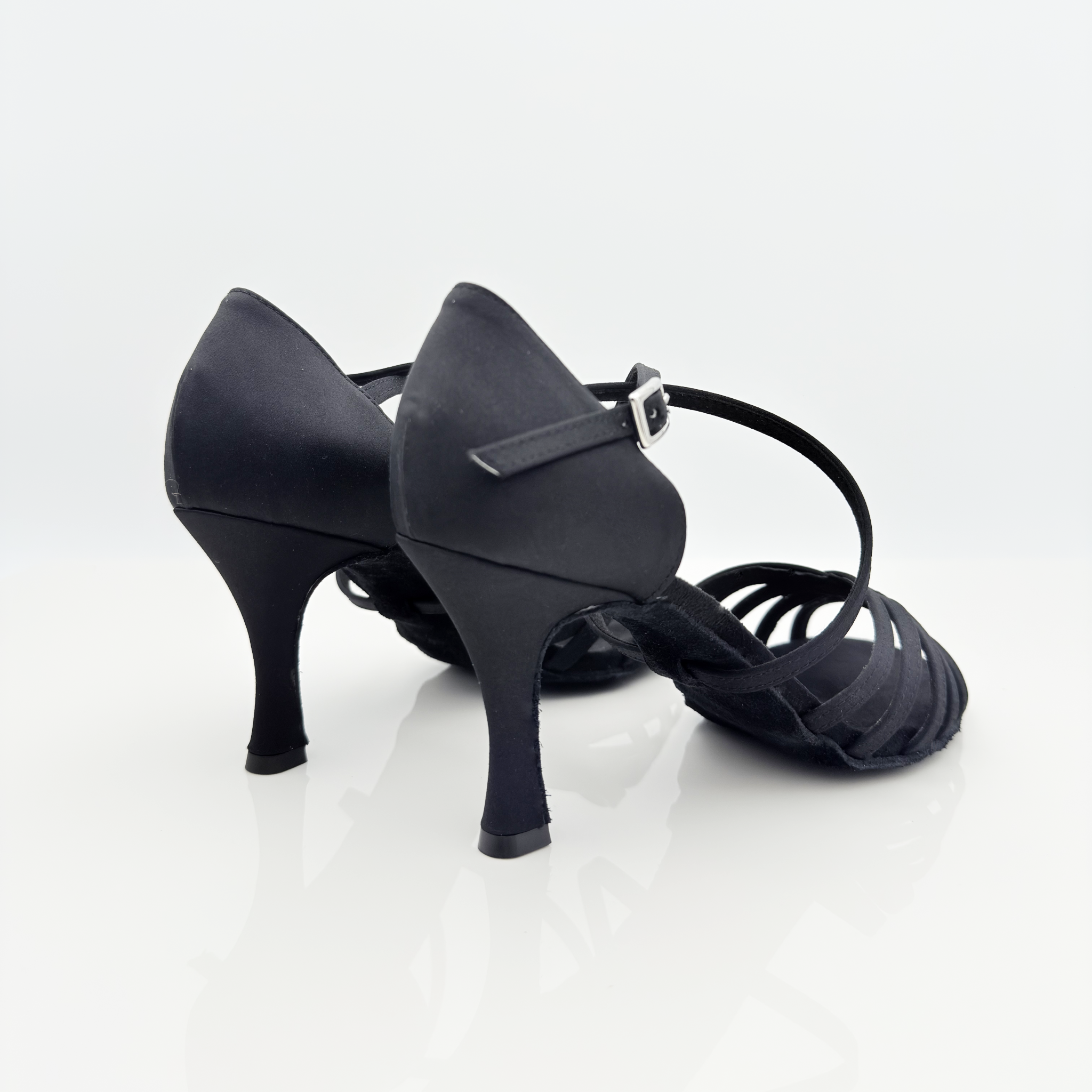 Carmen art. 215 Nicole Rimini scarpe ballo latino americano tessuto raso nero doppia fascia F2P4 cinturino incrociato 1CAI tacco rocchetto 8 centimetri suola bufala spazzolata
