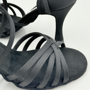 Carmen art. 215 Nicole Rimini tacco rocchetto 8HR punta aperta arrotondata doppia fascia F2P4 tessuto raso nero scarpe ballo latino americano cha cha cha rumba samba jive
