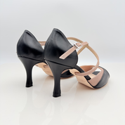 Chloe art. 225 Nicole Rimini scarpa donna pelle laminata nera microglitter rosa antico doppia fascia cinturino incrociato collo piede punta aperta semi-arrotondata tacco rocchetto 8 cm suola cuoio memory gel artigianale italiana
