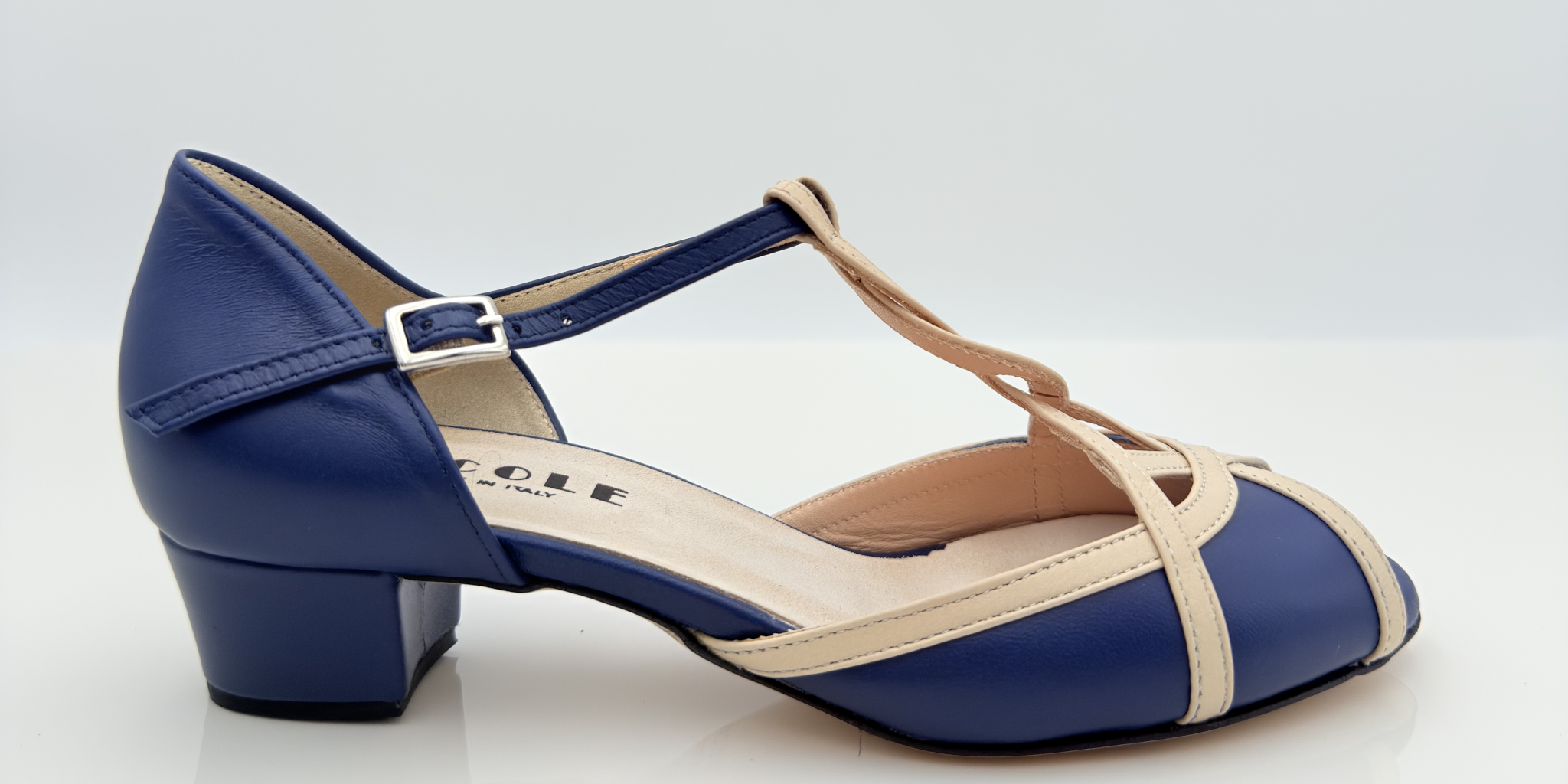 Cinthya art. 408 Nicole Rimini scarpa swing donna pelle blu notte beige ecrù bicolore cinturino semplice 2CAB tacco quadrato 3,5HQ punta spuntata F4P1 suola cuoio stile retrò anni 50 made in Italy

