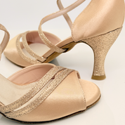 Cristina art. 154 scarpa da ballo raso carne glitter fine rame vista posteriore tacco rocchetto 7HR cinturino incrociato collo piede asola 3CAI suola bufala kizomba liscio Nicole Rimini artigianale
