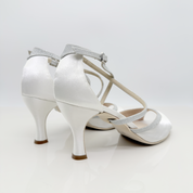 Dany art. 172 Nicole Rimini scarpa donna tessuto raso bianco microglitter argento fascia semplice cinturino incrociato collo del piede punta affusolata tacco rocchetto 7 cm suola gomma memory gel artigianale italiana
