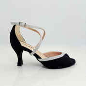 Dany 172 Camoscio Nero e Microglitter Argento Cinturino 1CAI Tacco Rocchetto 7HR | Nicole Rimini | Scarpa Ballo Donna Bicolore Suola Bufala Made in Italy