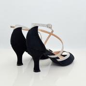 Dany 172 Camoscio Nero e Microglitter Argento Cinturino 1CAI Tacco Rocchetto 7HR | Nicole Rimini | Scarpa Ballo Donna Bicolore Suola Bufala Made in Italy