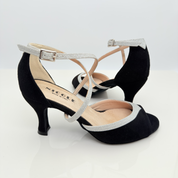 Dany 172 Camoscio Nero e Microglitter Argento Cinturino 1CAI Tacco Rocchetto 7HR | Nicole Rimini | Scarpa Ballo Donna Bicolore Suola Bufala Made in Italy