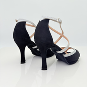 Dany art. 172P scarpa da ballo camoscio nero microglitter argento plateau 1cm vista laterale destra tacco rocchetto 9HR punta affusolata F3P2 cinturino incrociato 1CAI kizomba liscio Nicole Rimini artigianale
