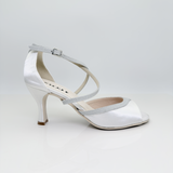 Dany Art. 172 - Cerimonia - Tacco Rocchetto 7HR - Tessuto Raso Bianco Microglitter Argento - Cinturino 1CAI | Nicole Scarpe da ballo