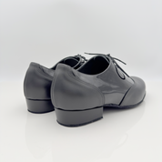 Elias art. 300 Nicole Rimini scarpa ballo uomo bicolore pelle nera e verniciata nera tacco basso 2,5HSU punta chiusa scrollo quadrato F5P2 suola bufala danze standard balli da sala artigianale italiano
