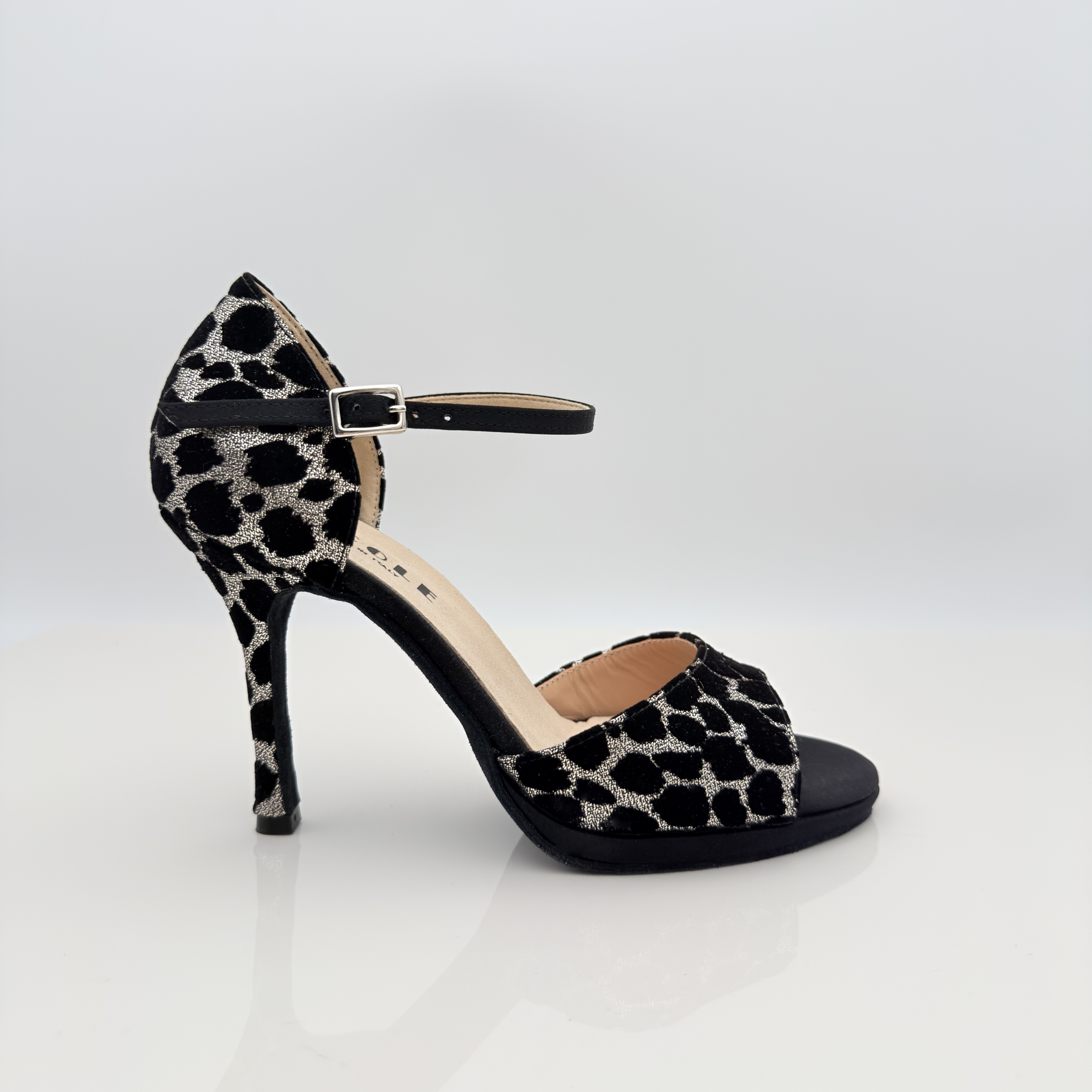 Emily art.130/B Nicole Rimini scarpe kizomba vista frontale tessuto glitterato jaguar bronzo raso nero cinturino semplice caviglia Mod. 1CAB plateau 1cm tacco spillo 10HS punta aperta F1P1 fascia semplice memory gel artigianale made in Italy
