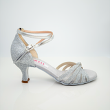 Estela art. 115G Tessuto Glitter Argento Cinturino 2CAI Tacco Rocchetto 5HR | Nicole Rimini