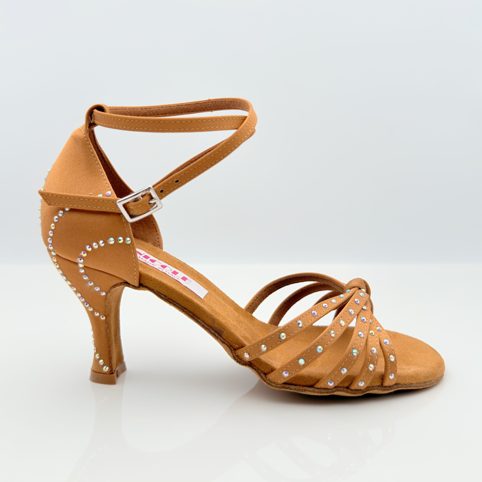 Nicole scarpe da ballo caraibici Estela 115S raso strass scintillanti tacco rocchetto 8cm salsa bachata merengue kizomba mambo son cubano performance professionale made in Italy artigianale

