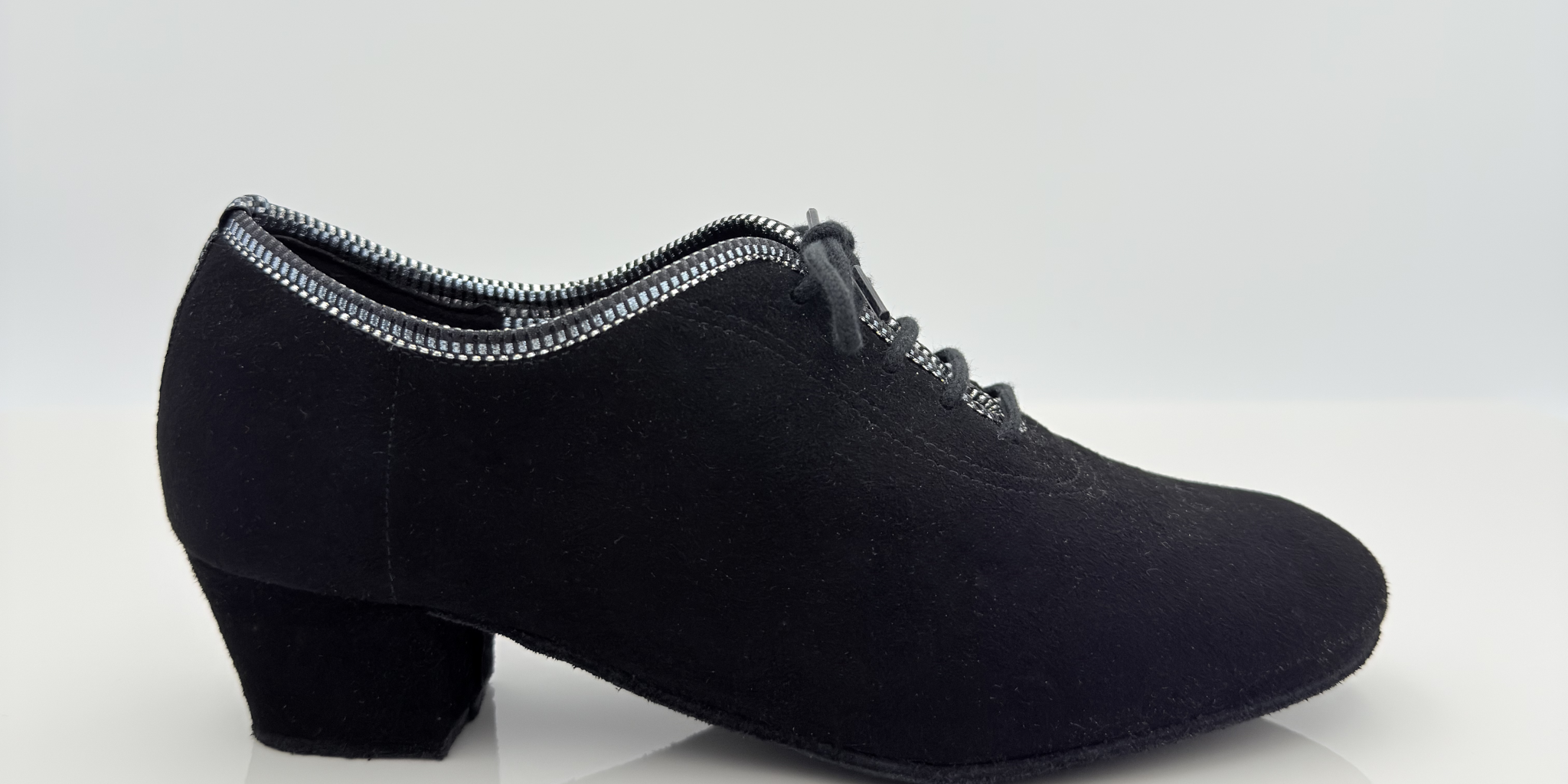 Eva art. 312 scarpa da ballo allenamento e pratica in camoscio nero e tessuto apollo argento nero, lacci in cotone non cerati mod 2cal, tacco latino 4 cm, suola bufala, memory gel, vera pelle, made in italy Nicole Rimini

