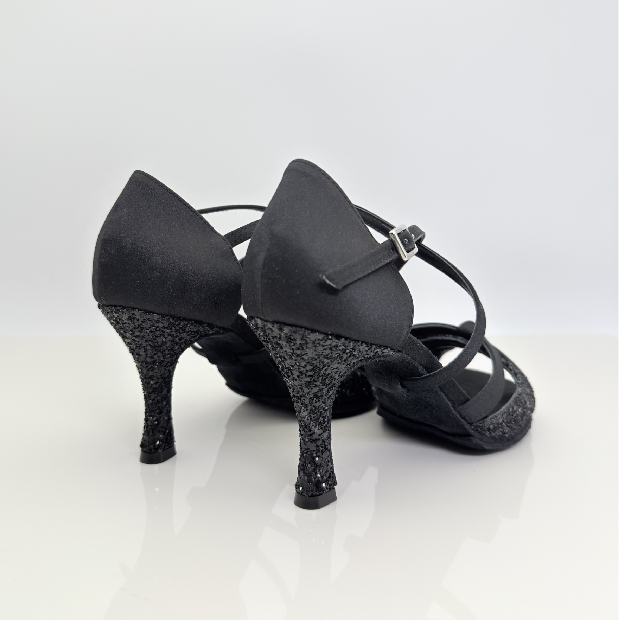 Frencis art. 119/T4 Nicole Rimini scarpa donna tessuto raso nero glitter grosso tomaia farfalla punta aperta tacco rocchetto 8 cm suola bufala memory gel artigianale italiana
