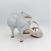 Giorgia art. 142 Nicole Rimini scarpa donna tessuto microglitter argento tomaia gabbia punta aperta semi-arrotondata tacco rocchetto 8 cm plateau 1 cm suola cuoio memory gel artigianale italiana
