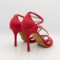 Nicole scarpe da ballo caraibici Giorgia 142 dettaglio tomaia raso rosso punta aperta semi-arrotondata F1P1 tacco spillo 10cm plateau liscio caraibico artigianale made in Italy ventilazione traspirabilità
