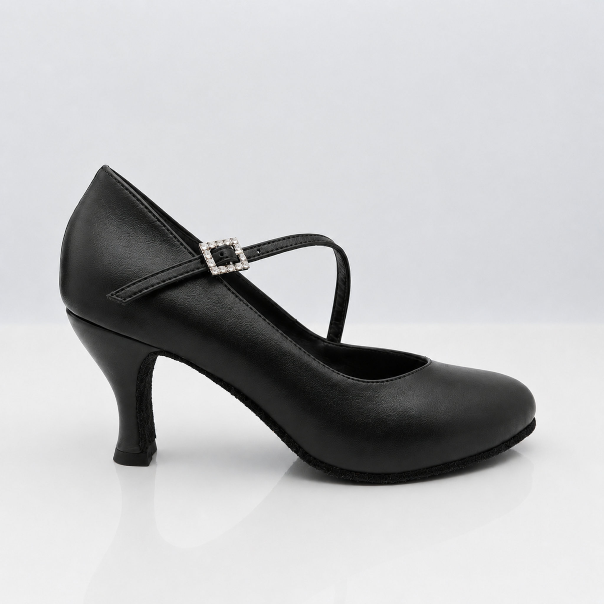 Grace Art. 216P scarpa danze standard vera pelle nera cinturino diagonale Mod. 1CAD tacco rocchetto 7HR vista frontale Nicole Rimini made in Italy
