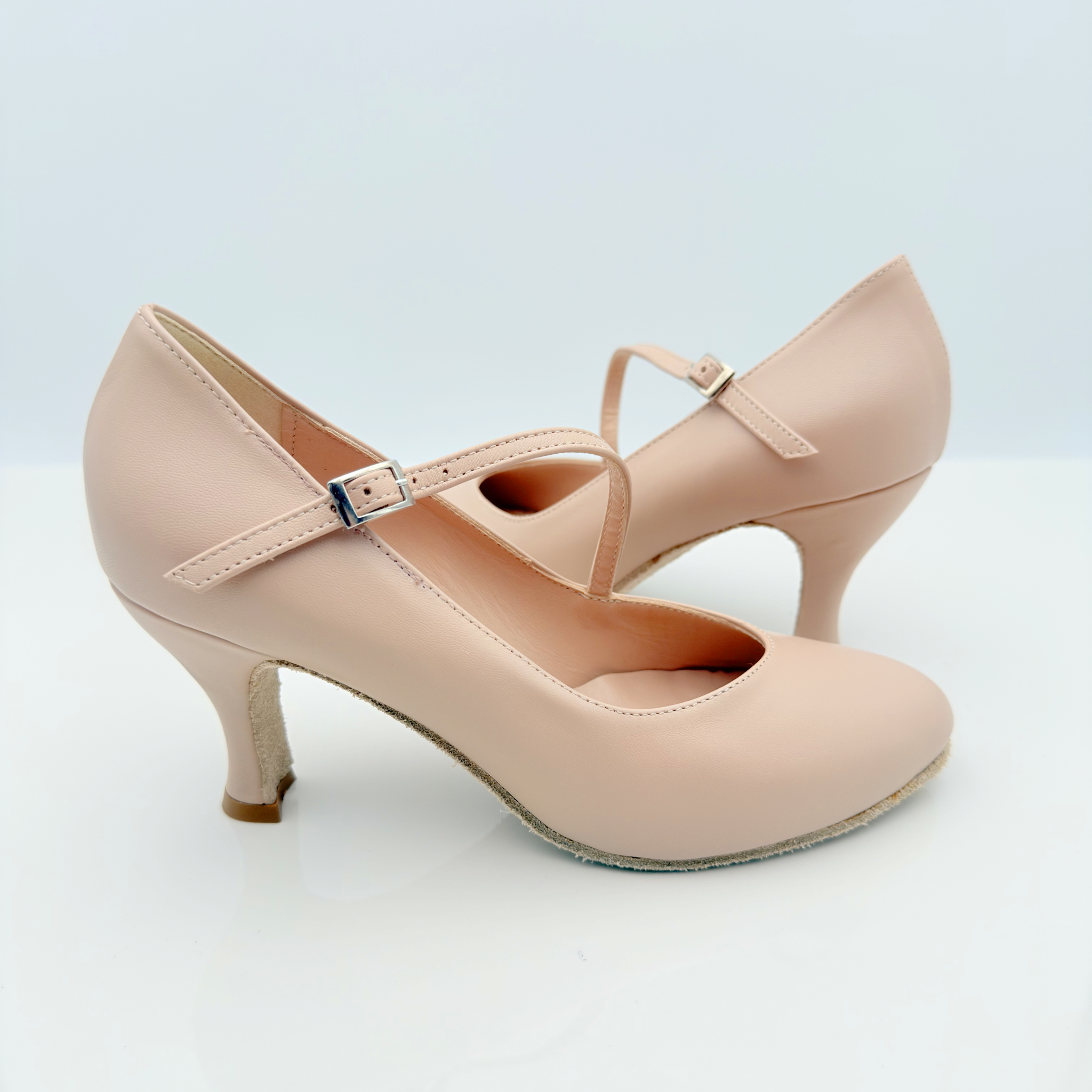 Nicole Grace 216P scarpe da ballo standard vera pelle rosa cipria vista frontale punta chiusa scrollo quadrato F5P2 cinturino diagonale avvolgente 1CAD tacco rocchetto 7HR danze standard made in Italy


