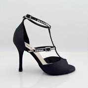 Nicole scarpe da ballo caraibici Ilaria 157S raso nero strass applicati a mano tacco spillo 10cm cinturino tbar nasetto kizomba salsa cubana suola bufala memory gel professionale made in Italy vista generale
