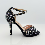Nicole scarpe da ballo caraibici Ines 185S3 raso nero strass aurora boreale 3 misure applicati a mano tacco spillo 10cm plateau cinturino doppio incrocio 2CAI kizomba salsa suola bufala made in Italy vista generale
