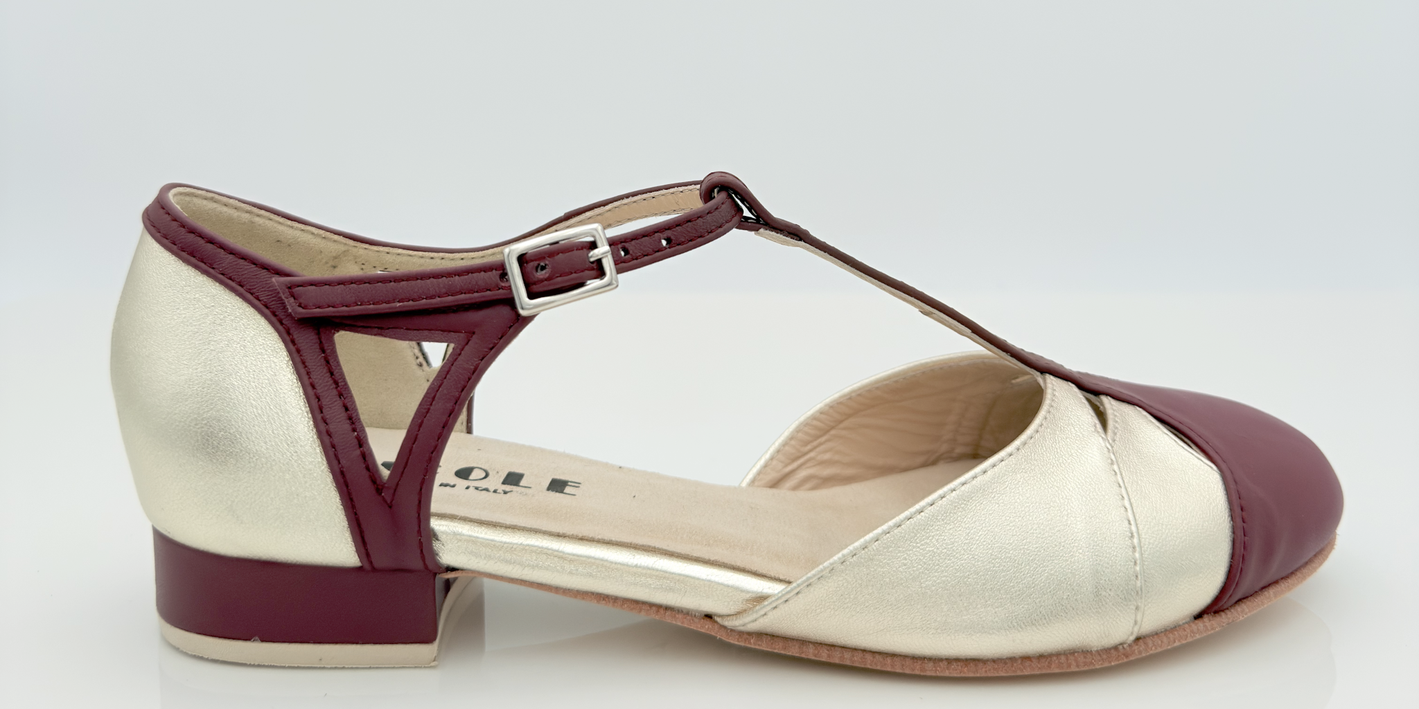 Jen art. 415 Nicole Rimini scarpa swing donna pelle laminata platino bordeau bicolore cinturino semplice 2CAB tacco basso 1,5HB punta chiusa F5P4 suola cuoio stile retrò anni 50 made in Italy

