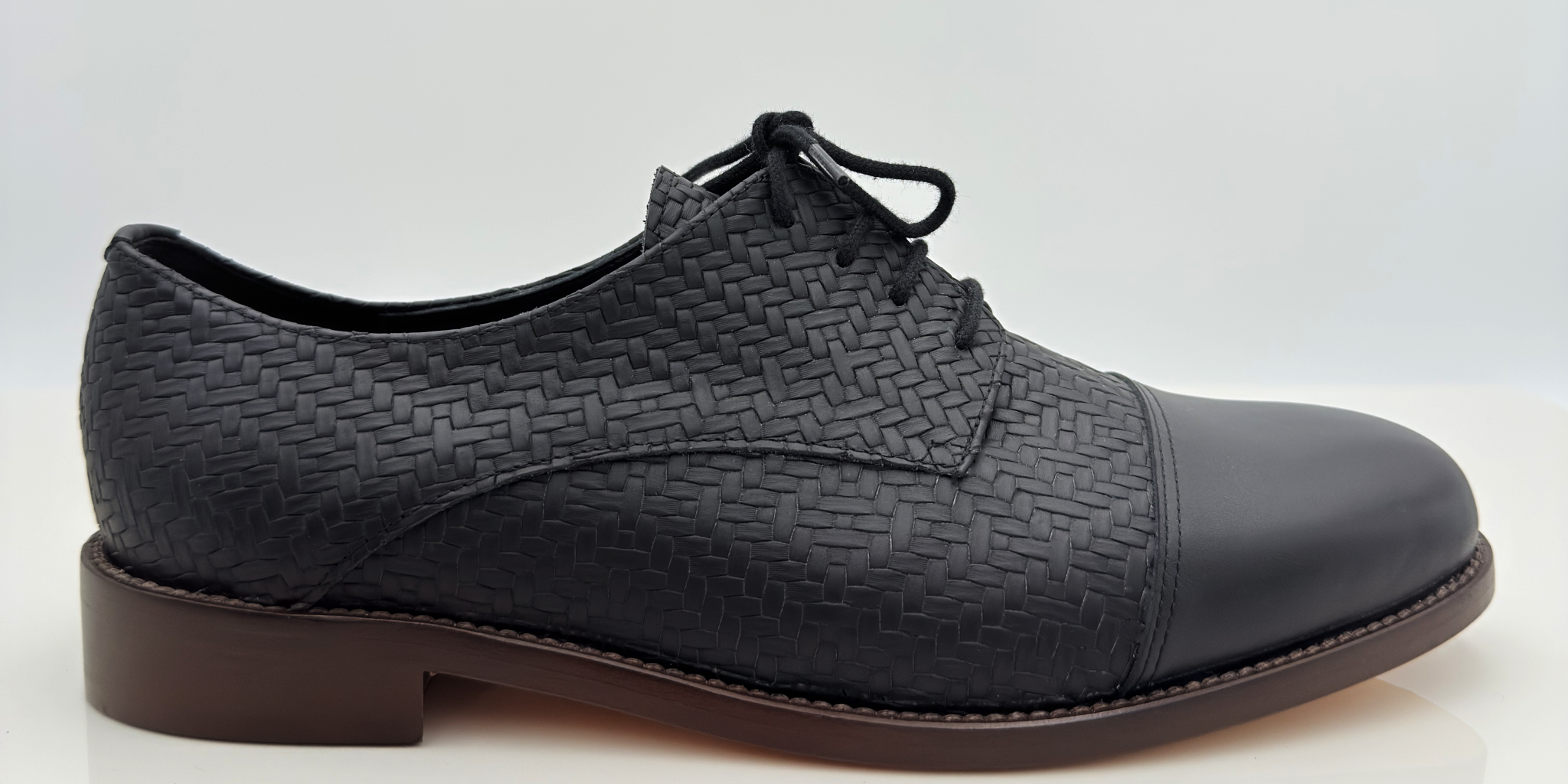John art. 313 Nicole Rimini scarpa swing uomo pelle intrecciata nera lacci cotone 2CAL tacco standard 2,5HSU punta chiusa F5P2 suola cuoio — vista frontale
